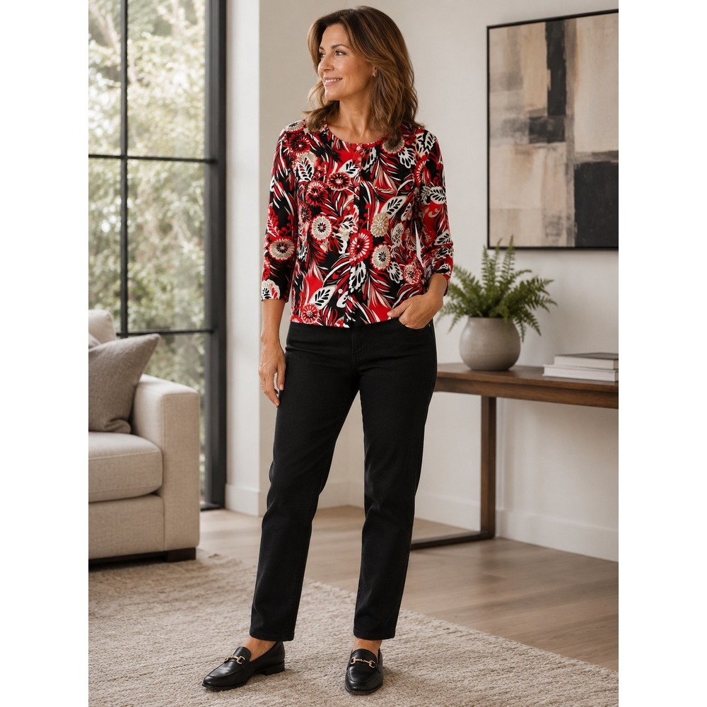 Onque Petite Womens Red Black Floral Button Front Stretch Cardigan Top PM NWT